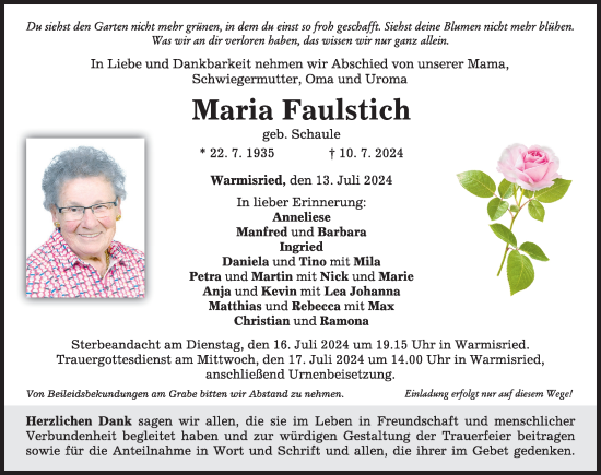 Traueranzeige von Maria Faulstich von Mindelheimer Zeitung