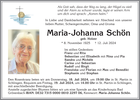 Traueranzeige von Maria-Johanna Schön von Mindelheimer Zeitung