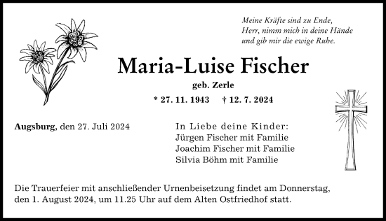 Traueranzeige von Maria-Luise Fischer von Augsburger Allgemeine
