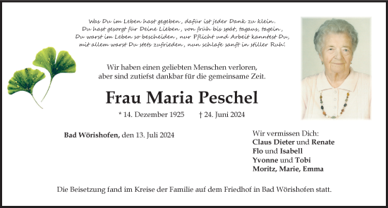 Traueranzeige von Maria Peschel von Mindelheimer Zeitung
