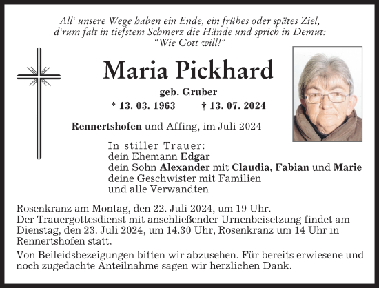 Traueranzeige von Maria Pickhard von Neuburger Rundschau