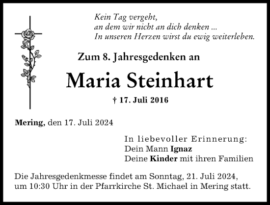 Traueranzeige von Maria Steinhart von Friedberger Allgemeine