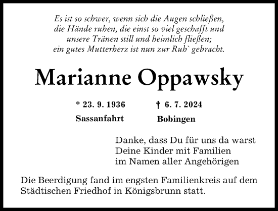 Traueranzeige von Marianne Oppawsky von Augsburger Allgemeine