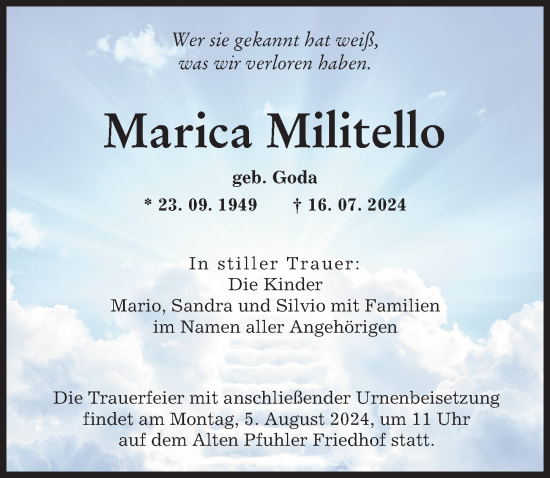 Traueranzeige von Marica Militello von Neu-Ulmer Zeitung