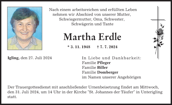 Traueranzeige von Martha Erdle von Landsberger Tagblatt