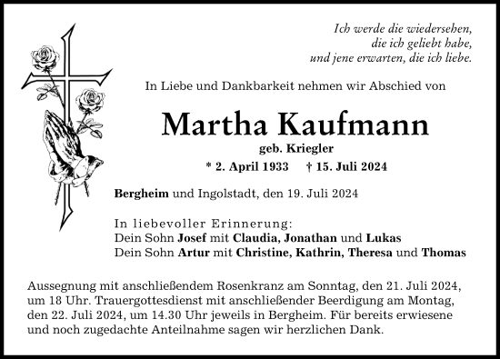 Traueranzeige von Martha Kaufmann von Neuburger Rundschau