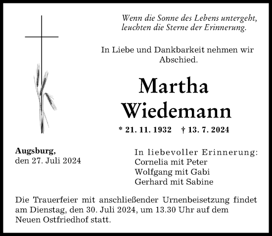 Traueranzeige von Martha Wiedemann von Augsburger Allgemeine