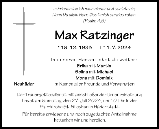 Traueranzeige von Max Ratzinger von Augsburg-Land