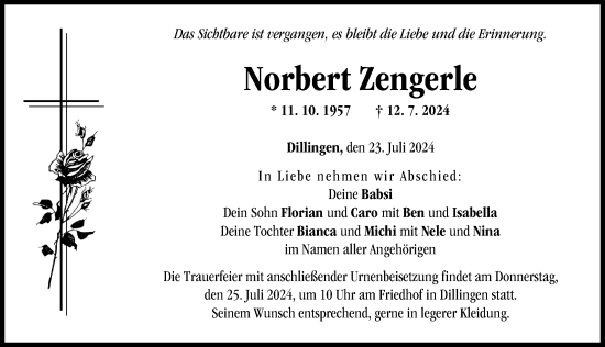 Traueranzeige von Norbert Zengerle von Donau Zeitung