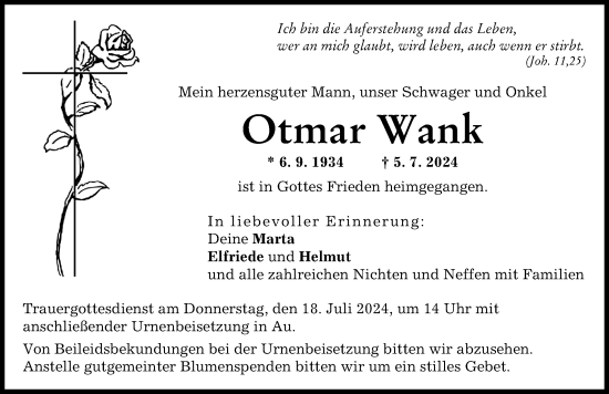 Traueranzeige von Otmar Wank von Illertisser Zeitung