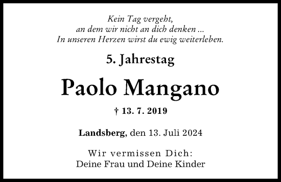 Traueranzeige von Paolo Mangano von Landsberger Tagblatt
