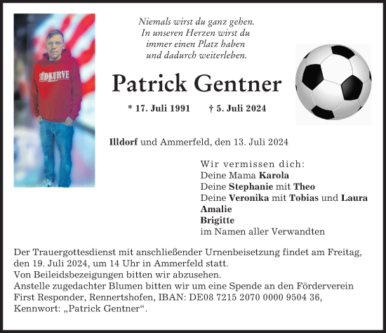 Traueranzeige von Patrick Gentner von Neuburger Rundschau