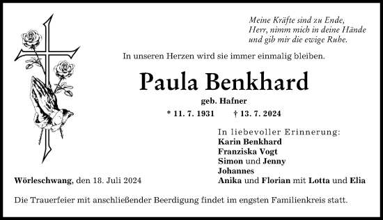 Traueranzeige von Paula Benkhard von Augsburg-Land