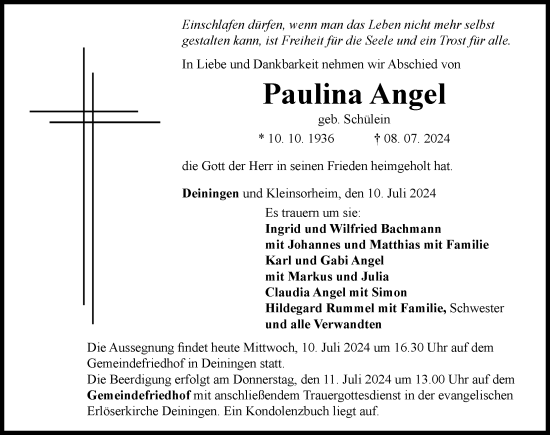 Traueranzeige von Paulina Angel von Rieser Nachrichten