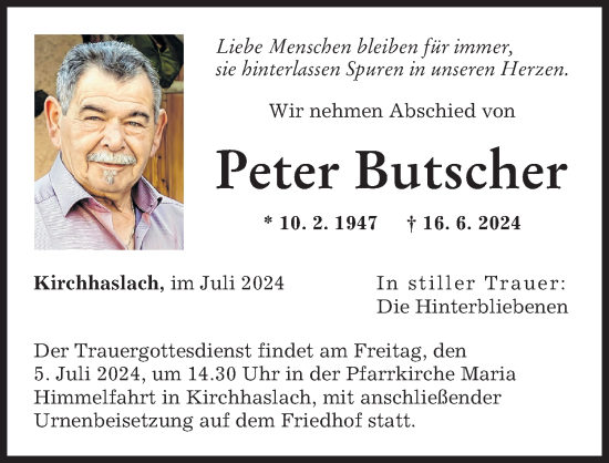 Traueranzeige von Peter Butscher von Illertisser Zeitung