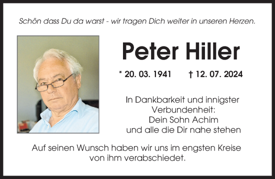 Traueranzeige von Peter Hiller von Augsburger Allgemeine