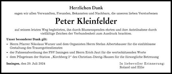 Traueranzeige von Peter Kleinfelder von Augsburger Allgemeine
