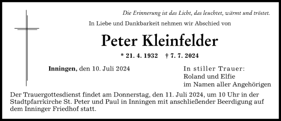 Traueranzeige von Peter Kleinfelder von Augsburger Allgemeine