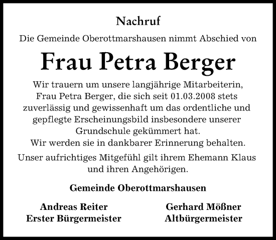 Traueranzeige von Petra Berger von Schwabmünchner Allgemeine