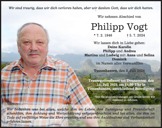 Traueranzeige von Philipp Vogt von Mindelheimer Zeitung