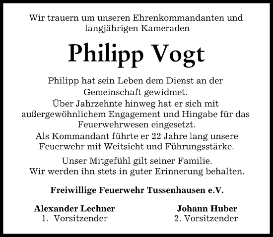 Traueranzeige von Philipp Vogt von Mindelheimer Zeitung