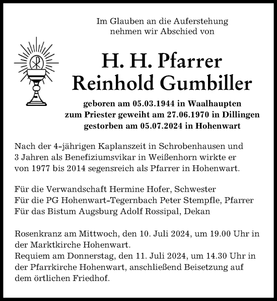 Traueranzeige von Reinhold Gumbiller von Augsburger Allgemeine