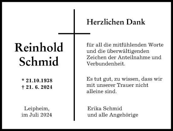 Traueranzeige von Reinhold Schmid von Günzburger Zeitung