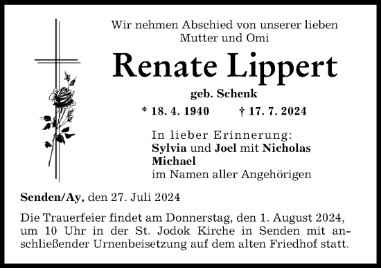Traueranzeige von Renate Lippert von Neu-Ulmer Zeitung