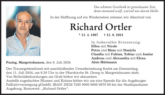 Traueranzeige von Richard Ortler von Augsburger Allgemeine