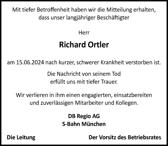 Traueranzeige von Richard Ortler von Augsburger Allgemeine