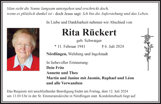 Traueranzeige von Rita Rückert von Rieser Nachrichten