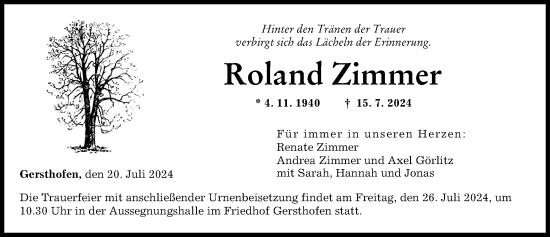 Traueranzeige von Roland Zimmer von Augsburger Allgemeine