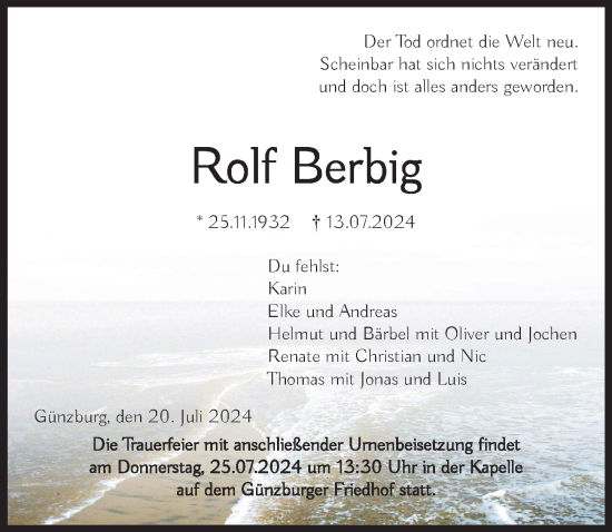 Traueranzeige von Rolf Berbig von Günzburger Zeitung