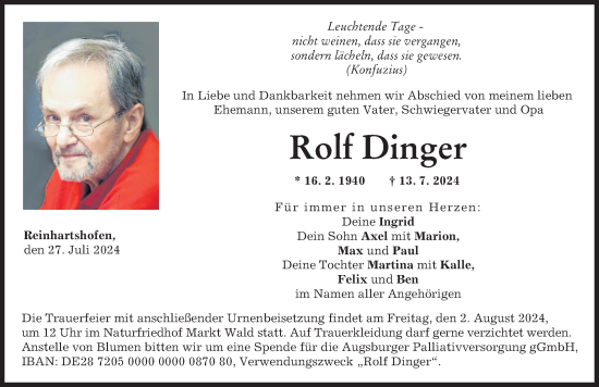 Traueranzeige von Rolf Dinger von Schwabmünchner Allgemeine