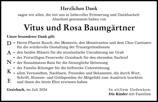 Traueranzeige von Rosa Baumgärtner von Donauwörther Zeitung