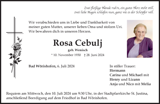Traueranzeige von Rosa Cebulj von Mindelheimer Zeitung