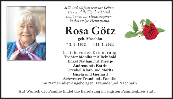 Traueranzeige von Rosa Götz von Landsberger Tagblatt