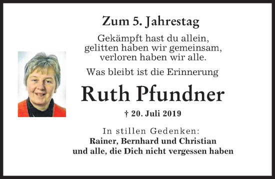 Traueranzeige von Ruth Pfundner von Augsburger Allgemeine