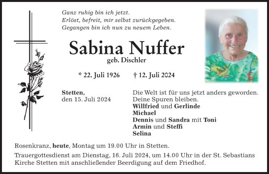Traueranzeige von Sabina Nuffer von Mindelheimer Zeitung