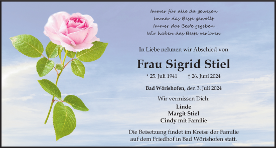 Traueranzeige von Sigrid Stiel von Mindelheimer Zeitung