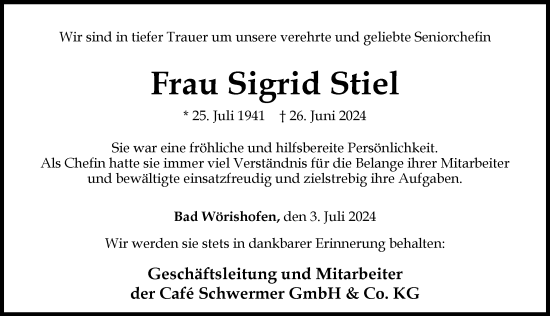 Traueranzeige von Sigrid Stiel von Mindelheimer Zeitung
