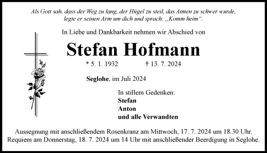 Traueranzeige von Stefan Hofmann von Rieser Nachrichten