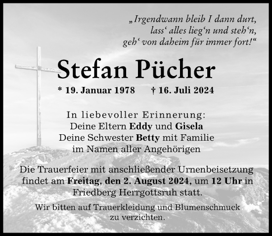 Traueranzeige von Stefan Pücher von Friedberger Allgemeine, Augsburger Allgemeine