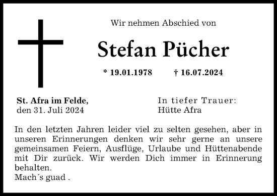 Traueranzeige von Stefan Pücher von Friedberger Allgemeine
