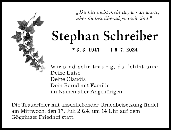 Traueranzeige von Stephan Schreiber von Augsburger Allgemeine