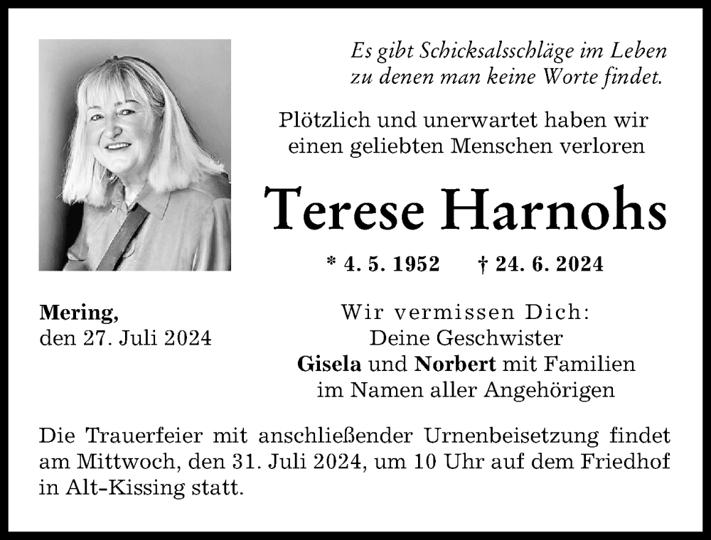  Traueranzeige für Terese Harnohs vom 27.07.2024 aus Friedberger Allgemeine
