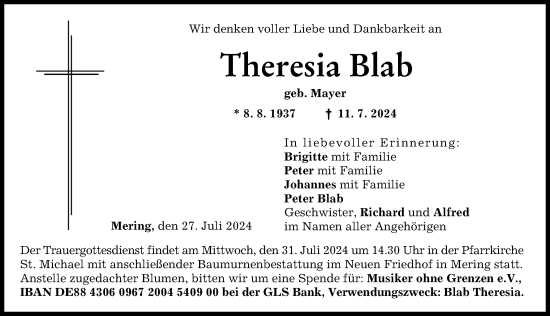 Traueranzeige von Theresia Blab von Friedberger Allgemeine