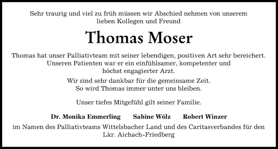 Traueranzeige von Thomas Moser von Aichacher Nachrichten