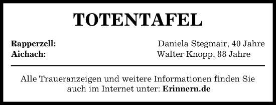 Traueranzeige von Totentafel vom 20.07.2024 von Aichacher Nachrichten