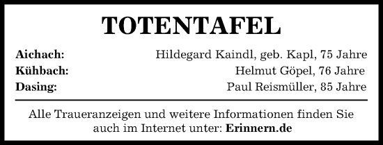 Traueranzeige von Totentafel vom 27.07.2024 von Aichacher Nachrichten